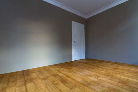 New renovated room interior with freshly painted walls, white door and wooden parquet floor