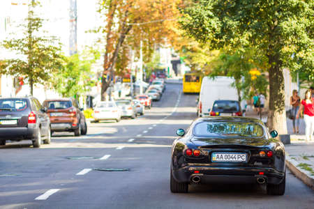 Kyiv, Ukraine - November 12, 2017: Modern new car on the side of the street. Rows of cars parked on the roadside in residential districtのeditorial素材