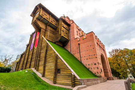Kyiv, Ukraine - November 12, 2017: Famous Golden Gates at night in Kiev - one the most visited touristic places of the cityのeditorial素材