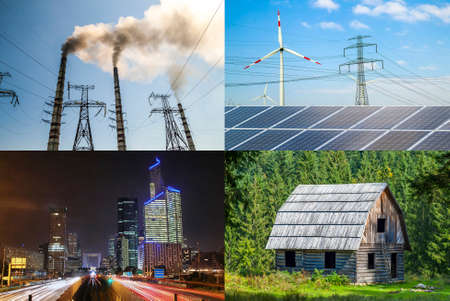 Clean vs dirty energy. Solar panels and wind turbines against fuel coal power plant. Sustainable development and renewable resources concept.の写真素材