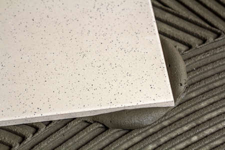 Ceramic tiles and tools for tiler. Floor tiles installation. Home improvement, renovation - ceramic tile floor adhesive,の写真素材