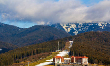 Tall apartment building hotel in Bukovel, Ukraine. Residential architecture in mountain area.のeditorial素材