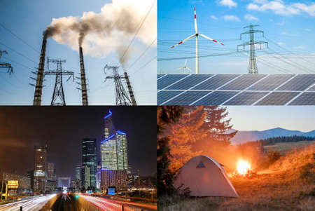 Clean vs dirty energy. Solar panels and wind turbines against fuel coal power plant. Sustainable development and renewable resources concept.の写真素材