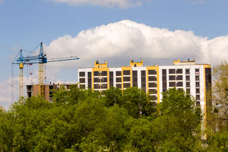 Urban view of silhouettes of two high industrial tower cranes above green tree tops working at...