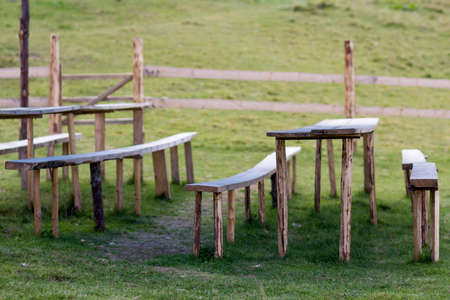 Picnic place for rest on green grass. Lit by bright summer sun old weathered wooden tables and...