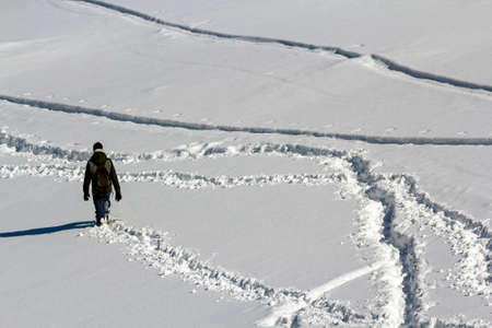 Back view of a man going alone on snow covered field after snowfall on sunny bright winter day....