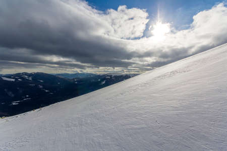 Beautiful mountain landscape. Winter Carpathian snow covered mountains view.の写真素材