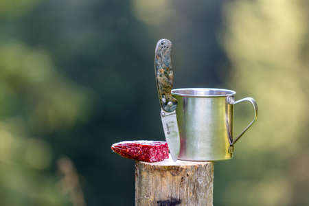 Close-up composition of folding pocket knife stuck vertically in tree stump, sausage and tin mug outdoors on dark green forest blurred background. Tourism, traveling, snack, active lifestyle concept.の写真素材