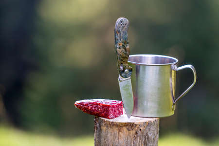 Close-up composition of folding pocket knife stuck vertically in tree stump, sausage and tin mug...