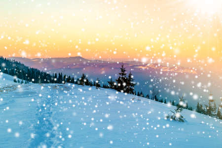 Path with footprints in snow in winter mountains.