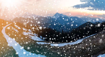 Panorama of beautiful spring morning in Carpathian mountains. Valley with dry grass and snow, transparent fresh air, dense evergreen forest and soft sun glow over distant snow-covered mountain range.の写真素材