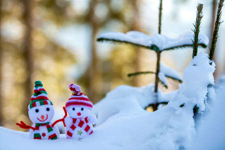 Two small funny toys baby snowman in knitted hats and scarves in deep snow outdoors near pine tree branch. Happy New Year and Merry Christmas greeting card.の写真素材