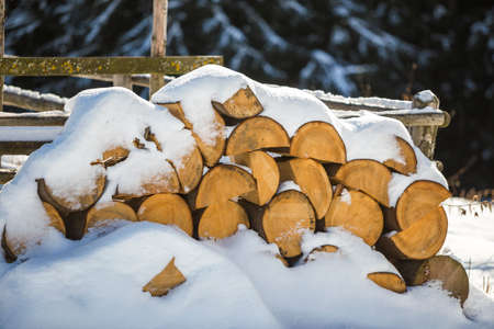 Neatly piled stack of chopped dry trunks wood covered with snow outdoors on bright cold winter sunny day, abstract background, Fire wood logs prepared for winter, ready for burning.の写真素材