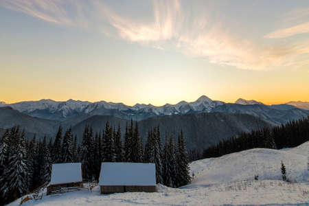 Old wooden house, hut and barn in deep snow on mountain valley, spruce forest, woody hills on clear...