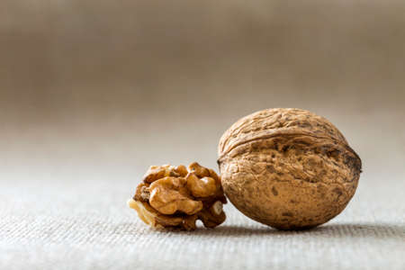 Close-up of walnut in wooden shell and kernels isolated on light copy space background. Healthy organic food concept.の写真素材