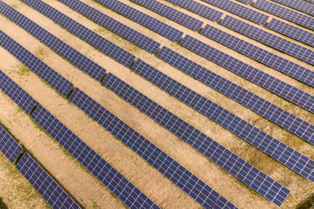 Aerial view of solar power plant. Electric panels for producing clean ecologic energy.の写真素材