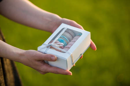 Female hands holding cardboard gift box with colorful pink blue handmade macaron cookies on green...
