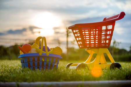 Shopping pushcart and a basket with toy fruits and vegetables. Bright plastic colorful toys for children outdoors on sunny summer day.の写真素材