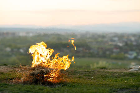 Big bright bonfire bugning at field in evening.の写真素材