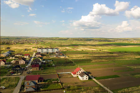 Aerial view of rural area in town with residential housesの写真素材
