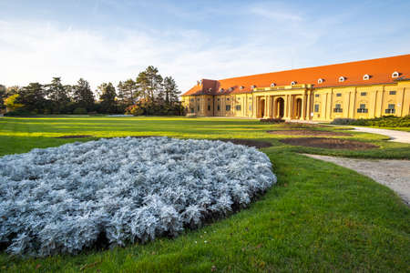 Green gardens in Lednice castle Chateau yard in Moravia, Czech Republic. UNESCO World Heritage Site.のeditorial素材