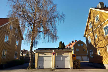 Outdoor garage foe two cars with no parking sign in front.の写真素材