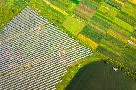Aerial view of solar power plant on green field. Electric panels for producing clean ecologic...
