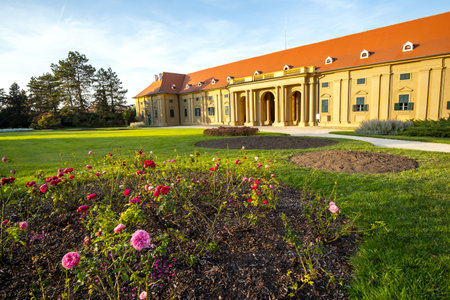 Green gardens in Lednice castle Chateau yard in Moravia, Czech Republic. UNESCO World Heritage Site.のeditorial素材