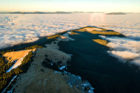 Aerial view of vibrant sunrise over mountain hills covered with evergreen spruce forest in autumn.