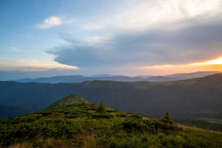 Summer evening mountain landscape with grassy hills and distant peaks at colorful sunset.の写真素材