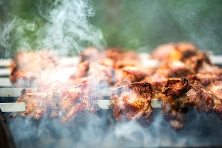 Shashlik or shish kebab preparing on barbecue grill over hot charcoal. Grilled pieces of pork meat on metal skewers.の写真素材