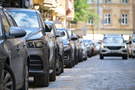 City traffic with cars parked in line on street side.の写真素材