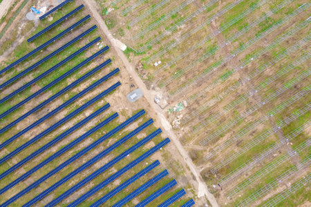 Aerial view of big electric power plant construction with many rows of solar panels on metal frame for producing clean ecological electrical energy. Development of renewable electricity sources.の写真素材