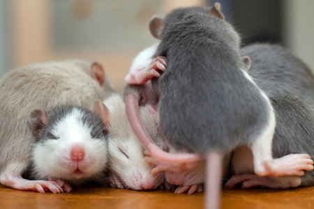 Many small funny baby rats warming together one on top of another.の写真素材