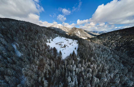 Aerial winter landscape with small rural houses between snow covered forest in cold mountains.の写真素材