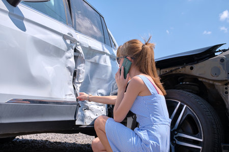 Stressed woman driver talking on mobile phone on street side calling for emergency service after car accident. Road safety and insurance conceptの写真素材