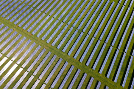 Aerial view of big sustainable electric power plant with many rows of solar photovoltaic panels for...