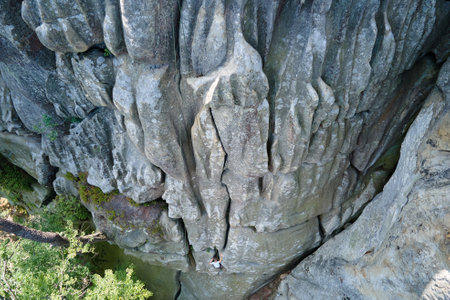 Aerial view of large rocky formations with snone boulders and mountain high cliffsの写真素材
