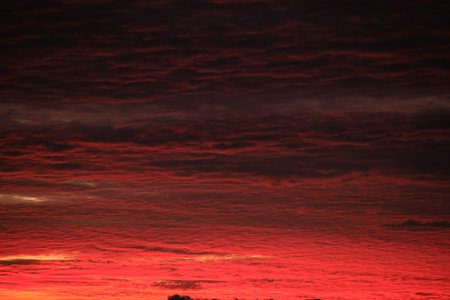 Bright colorful sunset sky with vivid smooth clouds illuminated with setting sun light spreading to...