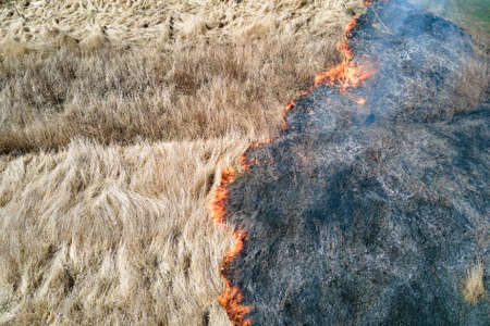 Aerial view of grassland field burning with red fire during dry season. Natural disaster and climate change conceptの写真素材
