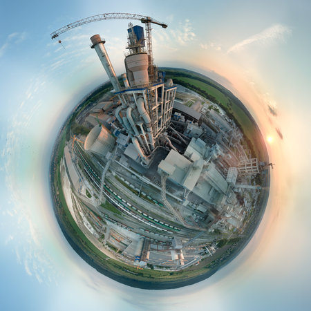 Aerial view from high altitude of little planet earth with cement factory tower with high concrete...