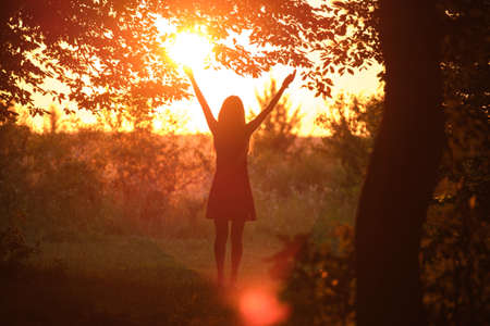 Back view of young woman silhouette walking alone through dark woods with outstretched hands in...