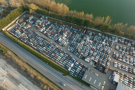 Aerial view of big parking lot of junkyard with rows of discarded broken cars. Recycling of old vehiclesの写真素材