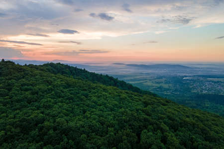 Aerial view of green pine forest with dark spruce trees covering mountain hills. Nothern woodland scenery from aboveの写真素材