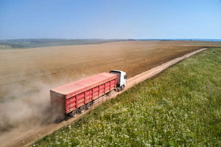 Aerial view of lorry cargo truck driving on dirt road between agricultural wheat fields. Transportation of grain after being harvested by combine harvester during harvesting seasonの写真素材
