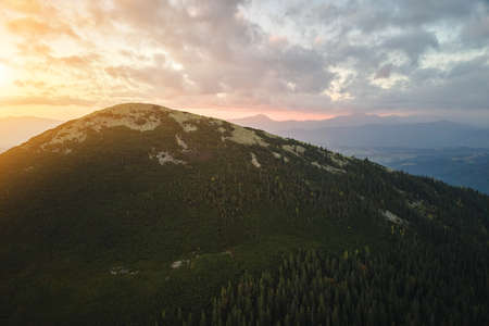 Aerial view of foggy evening over high peak with dark pine forest trees at bright sunset. Amazingl scenery of wild mountain woodland at duskの写真素材