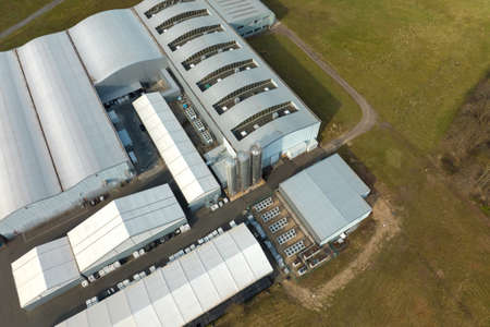 Aerial view of modern factory structure for production and distribution of industrial equipment....