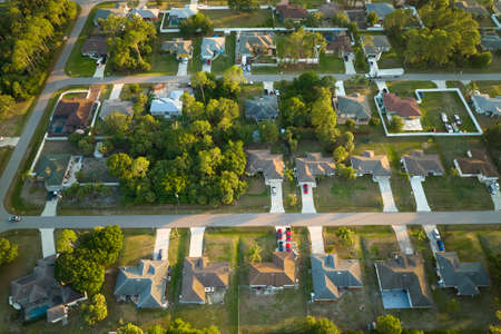 Aerial view of suburban landscape with private homes between green palm trees in Florida quiet residential areaの写真素材