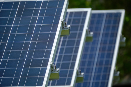 Solar photovoltaic panels mounted on stand-alone frame on backyard ground for generating of clean...