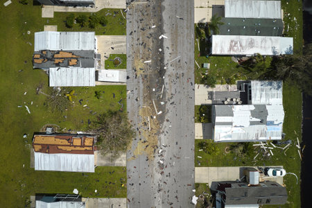 Hurricane Ian destroyed homes in Florida residential area. Natural disaster and its consequencesの写真素材